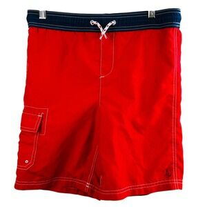 Lands' End Boys Red Swim Trunks 10-12 Lined Board Shorts Pocket Drawstring Beach